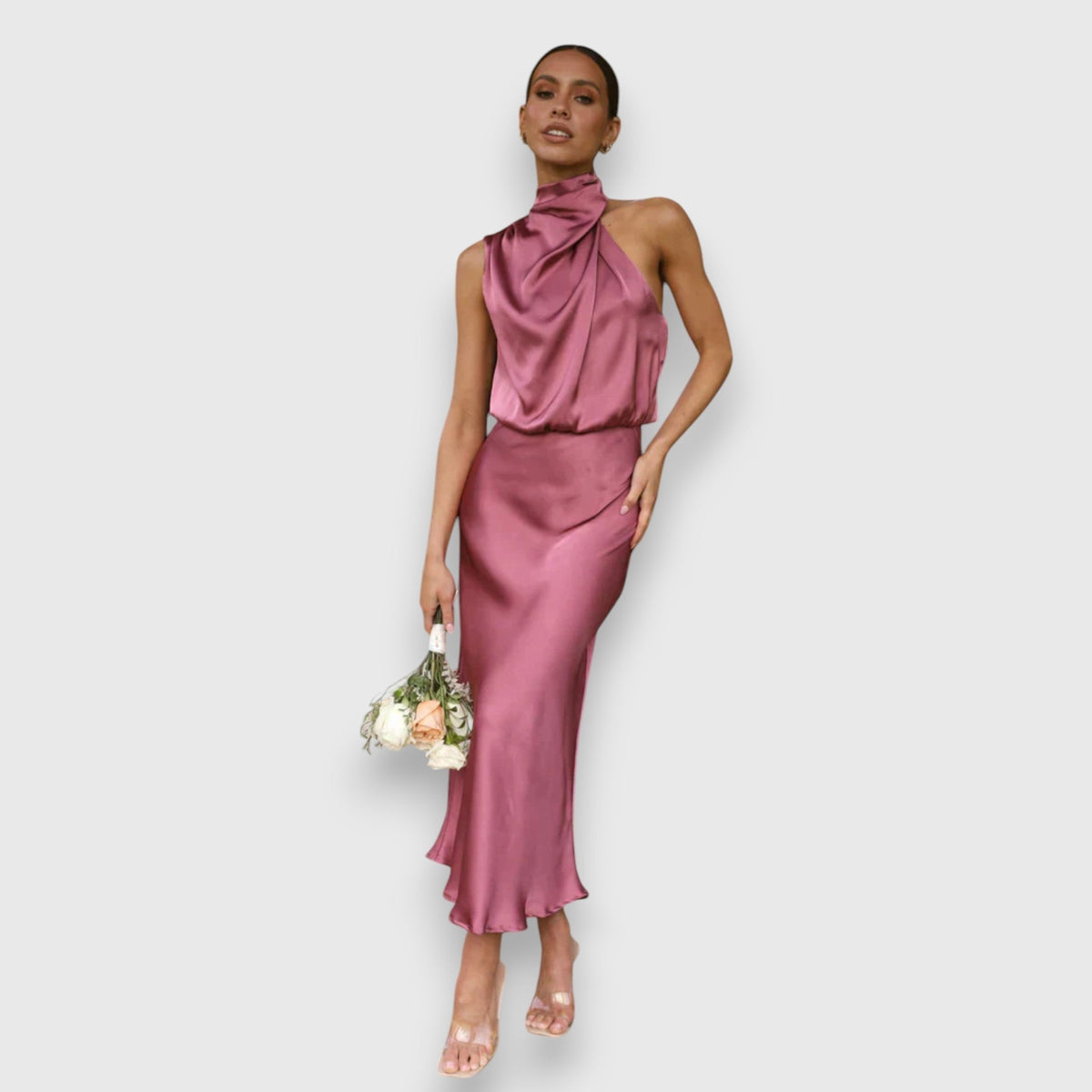 Women's Jolene halter wedding guest midi dress in Pink