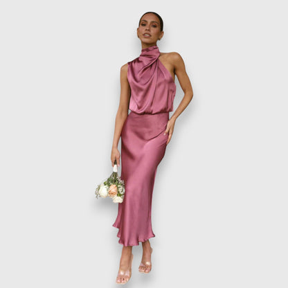 Women's Jolene halter wedding guest midi dress in Pink