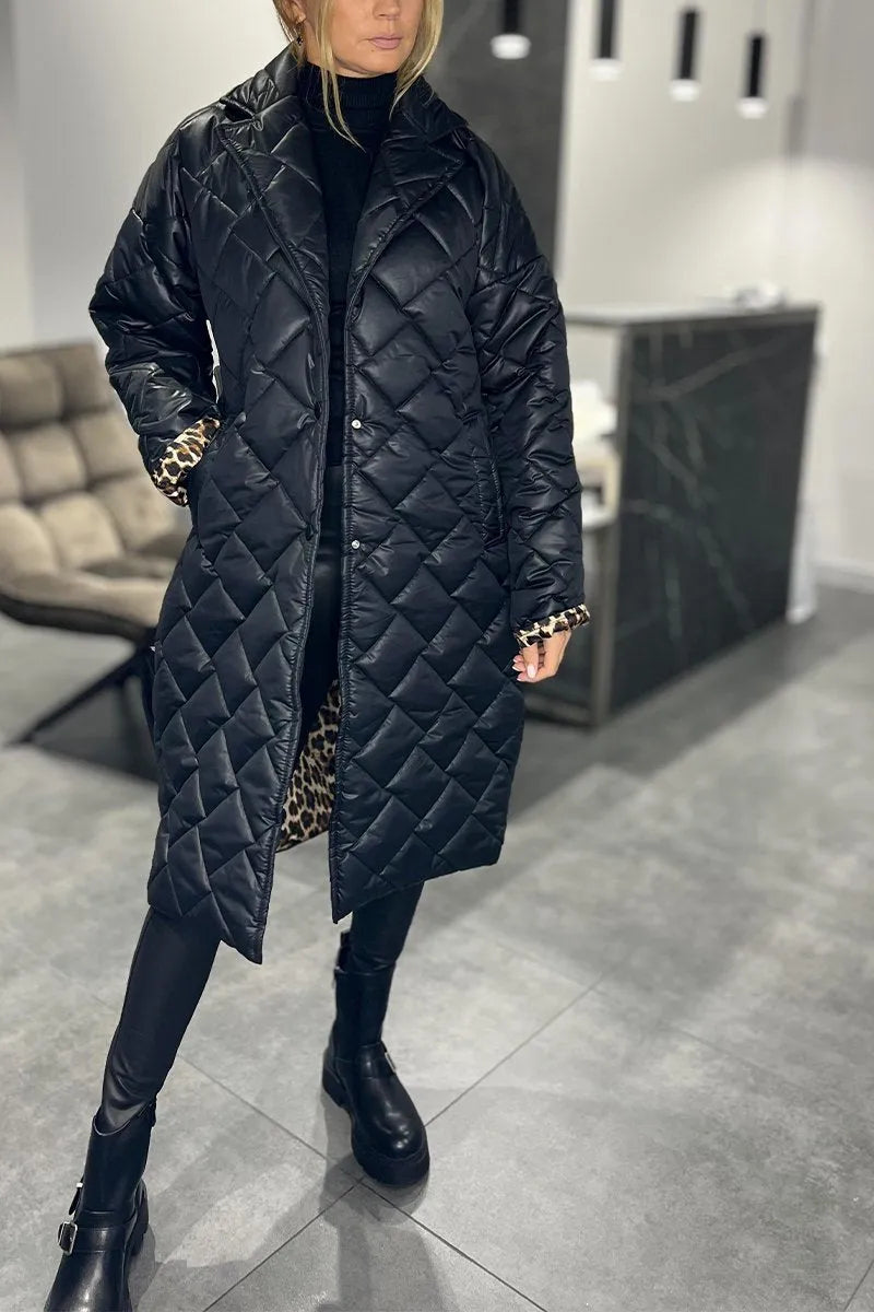 Zara | Quilted Mid-Length Coat with Leopard Lining