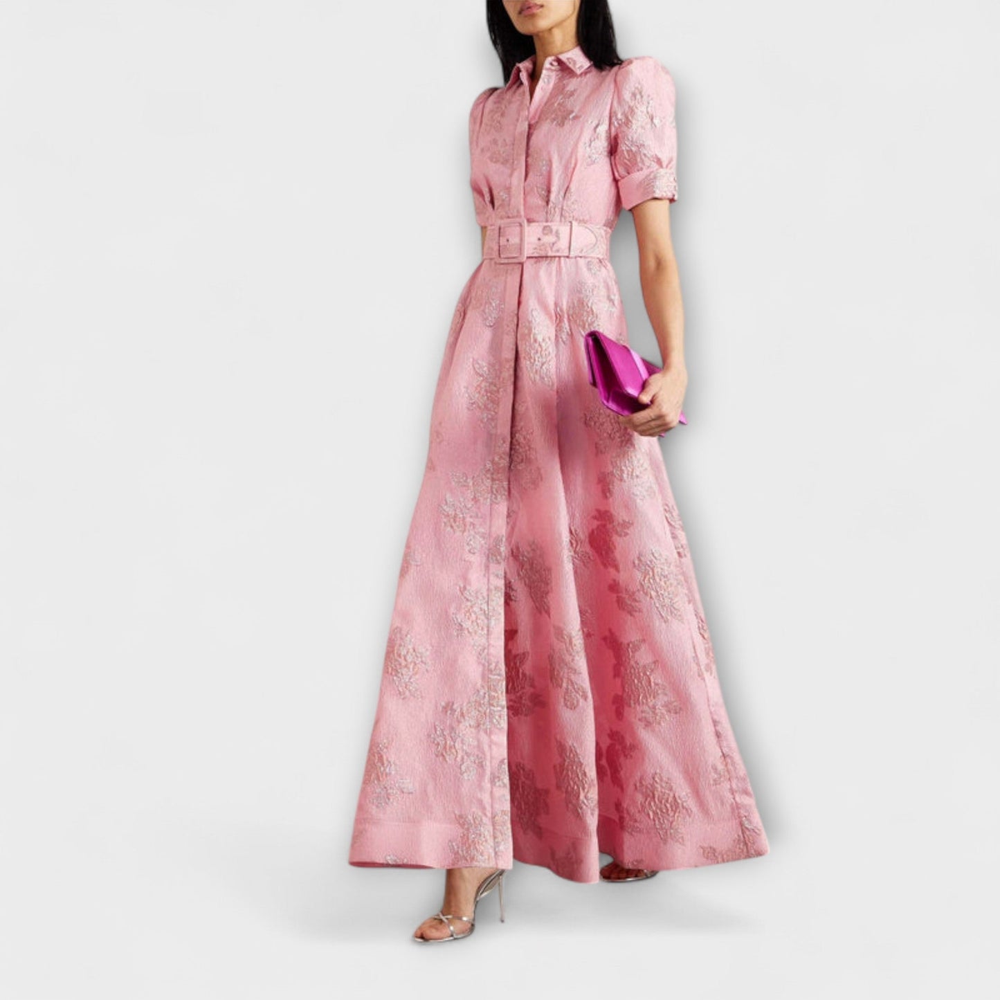 Evangeline | Short Puff Sleeve Floral Fitted Prom Midi Dress