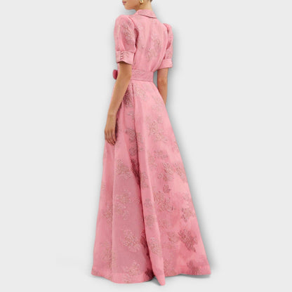 Evangeline | Short Puff Sleeve Floral Fitted Prom Midi Dress
