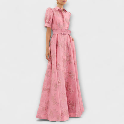 Evangeline | Short Puff Sleeve Floral Fitted Prom Midi Dress