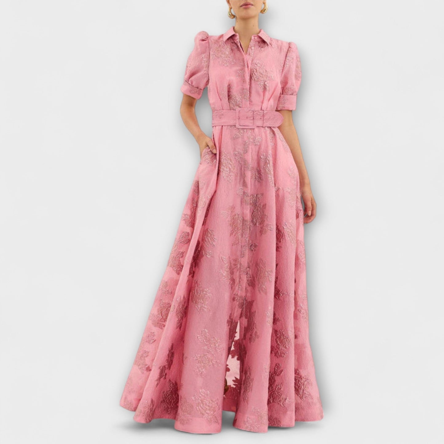 Evangeline | Short Puff Sleeve Floral Fitted Prom Midi Dress