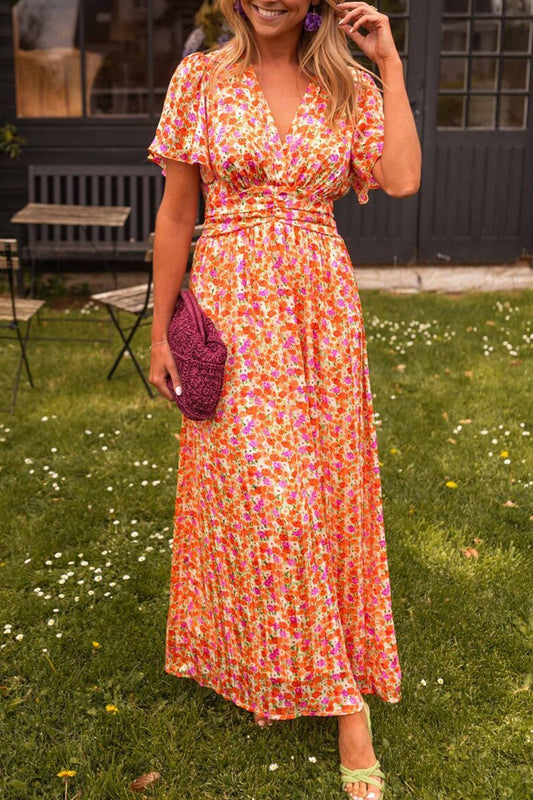 Esmée | Floral V-Neck Pleated Wedding Guest Maxi Dress