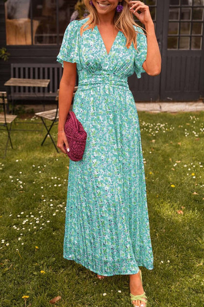Esmée | Floral V-Neck Pleated Wedding Guest Maxi Dress