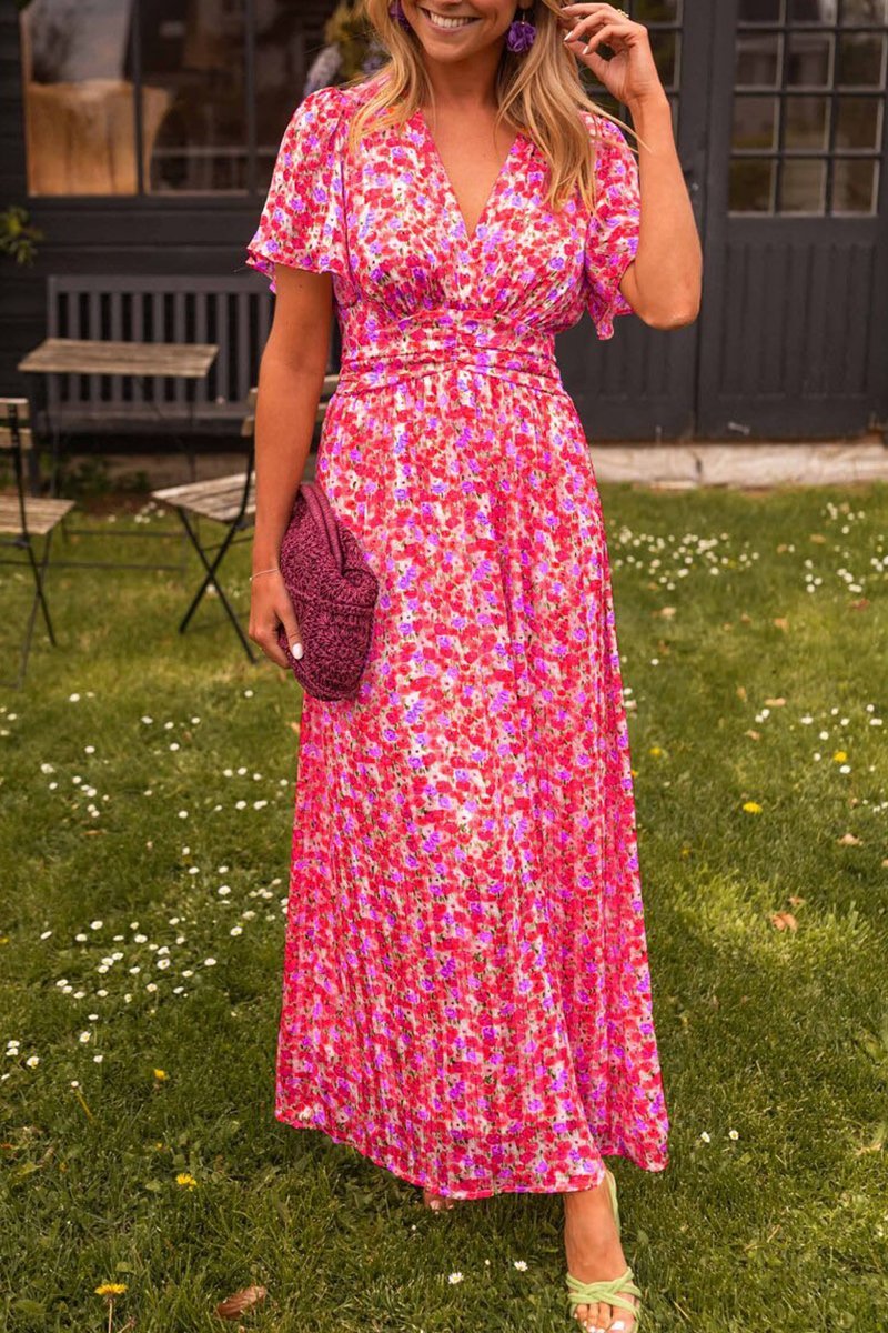 Esmée | Floral V-Neck Pleated Wedding Guest Maxi Dress