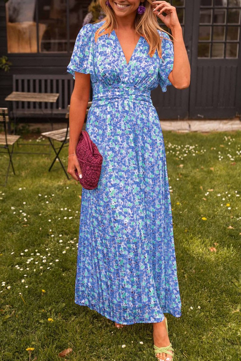 Esmée | Floral V-Neck Pleated Wedding Guest Maxi Dress