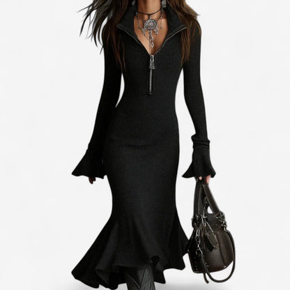 Women's Katarina zip-collar bell-sleeve midi sweater dress in Black