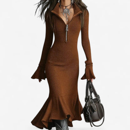 Women's Katarina zip-collar bell-sleeve midi sweater dress in Brown