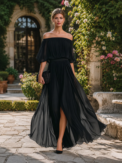 Elina | Off-Shoulder Pleated Wedding Guest Maxi Dress