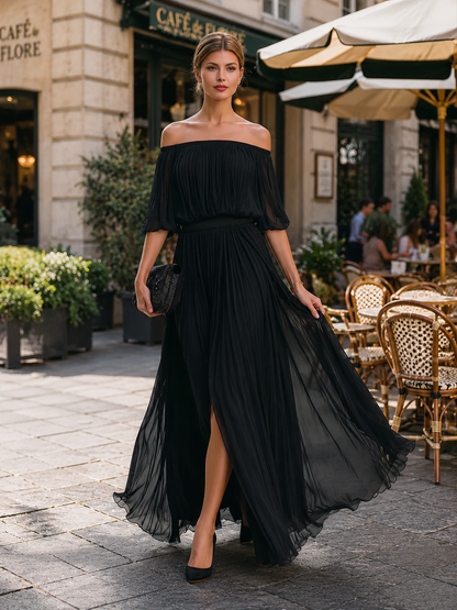 Elina | Off-Shoulder Pleated Wedding Guest Maxi Dress