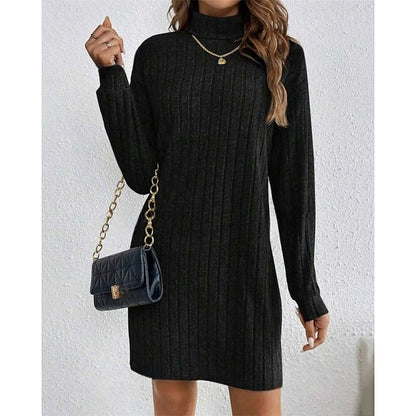 Ribbed turtleneck sweater dress, side view