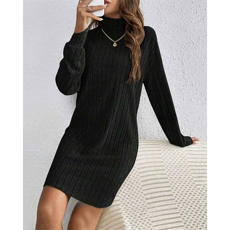 Ribbed turtleneck sweater dress, full length view