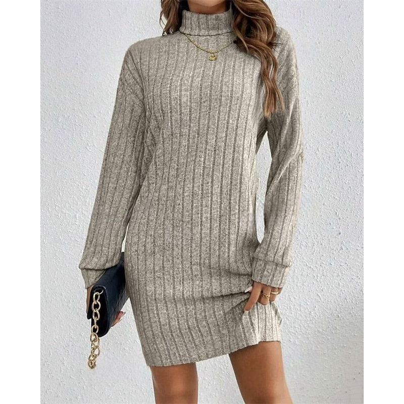 Ribbed turtleneck sweater dress, close-up of the neckline