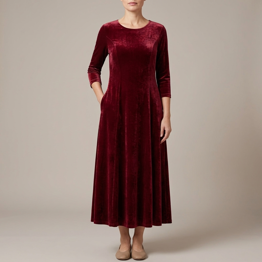 Léopoldine long sleeve A-line maxi dress in red, front view