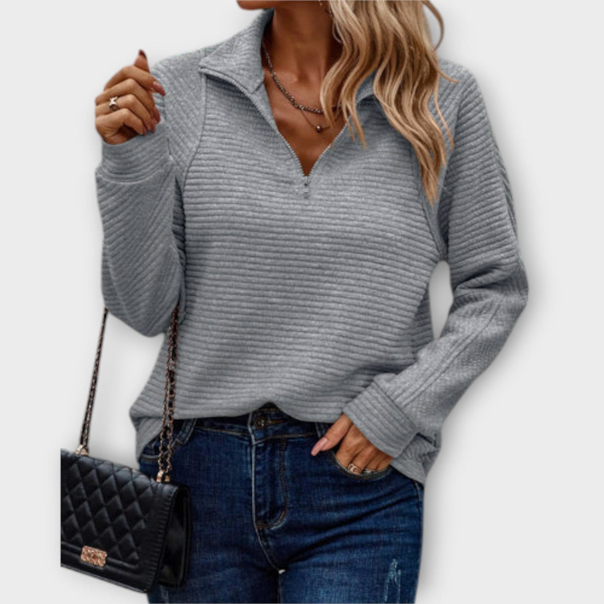 Women's Liesbeth zip-front V-neck sweater in Gray