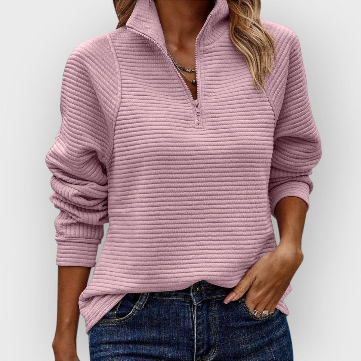 Women's Liesbeth zip-front V-neck sweater in Light Pink