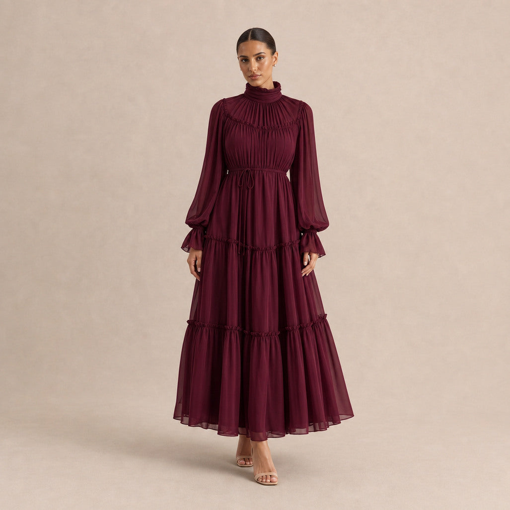 Women's Majken tiered wedding guest maxi dress in Burgundy