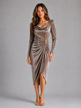 Women's Mallory long sleeve ruched midi dress in Brown