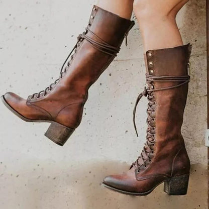 Women's Margit lace-up block-heel combat boots in Brown