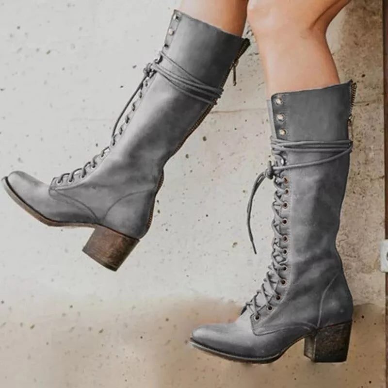 Women's Margit lace-up block-heel combat boots in Gray