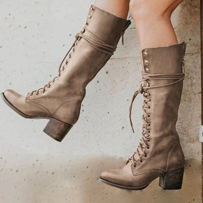 Women's Margit lace-up block-heel combat boots in Khaki