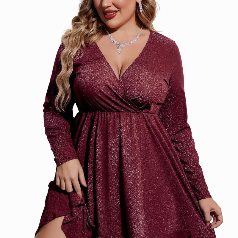 Glitter ruffle hem midi dress, side view