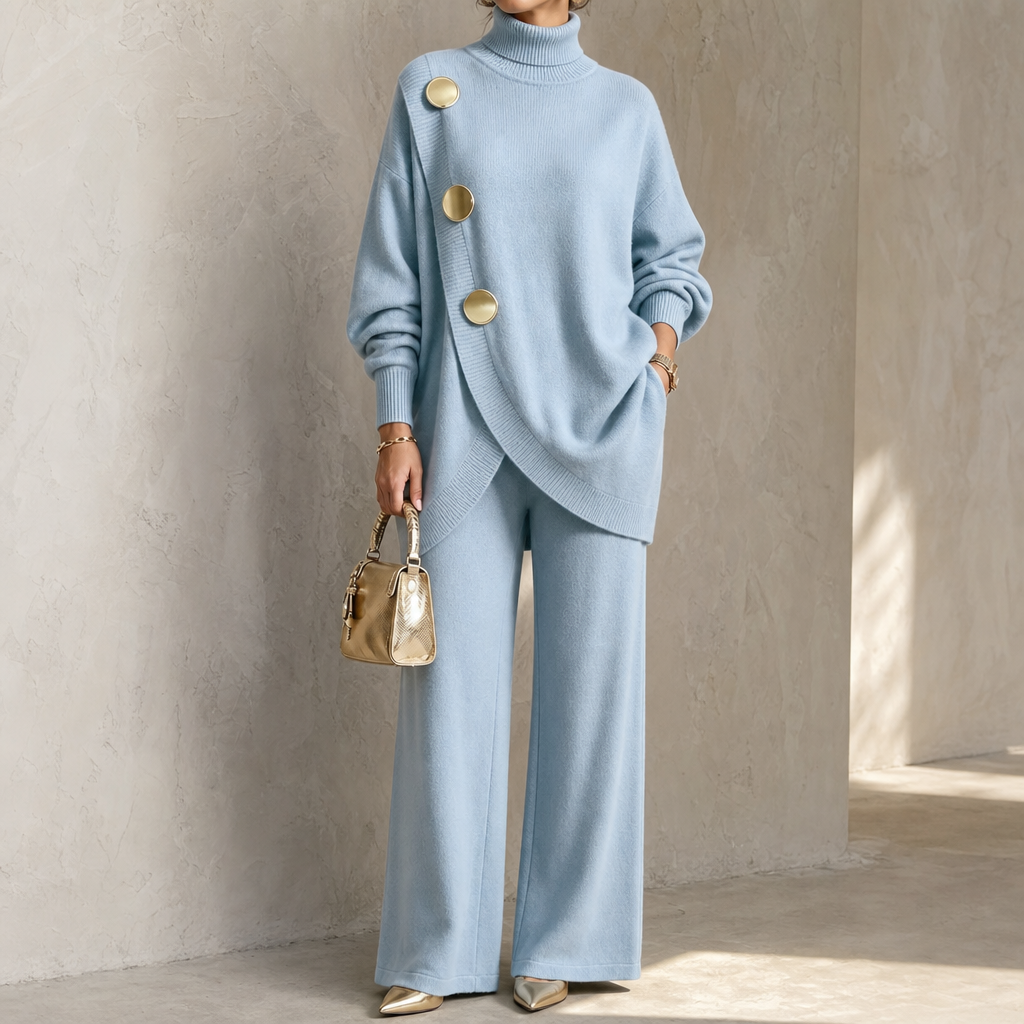 Marjolaine turtleneck sweater and pants set in light blue, front view