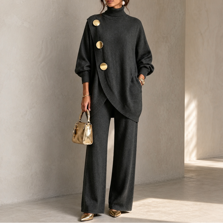 Turtleneck sweater and pants set in charcoal gray