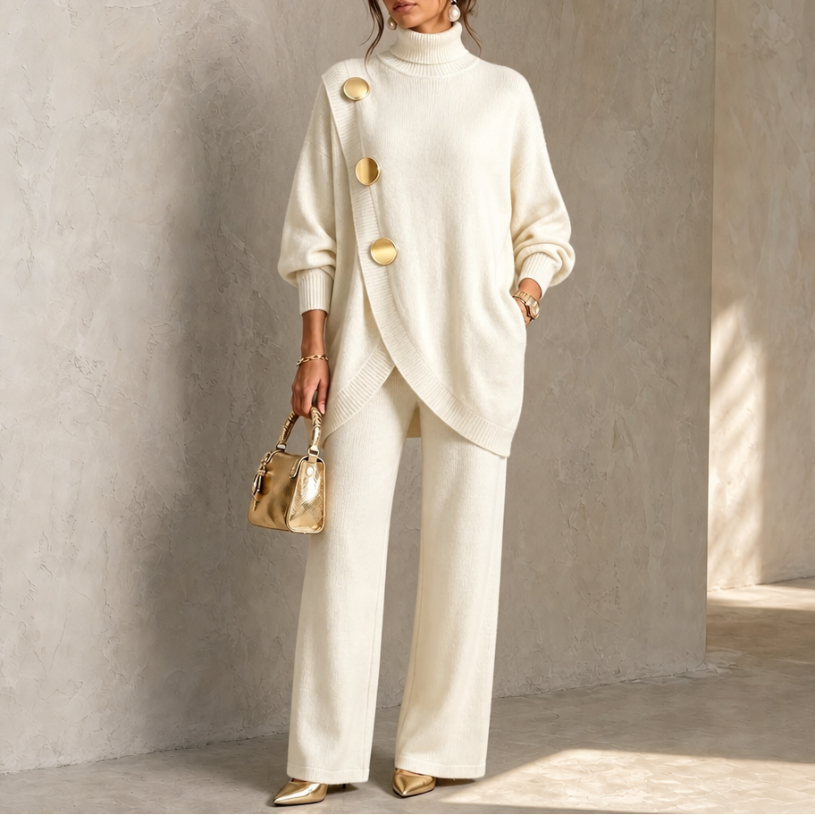 Turtleneck sweater and pants set in ivory