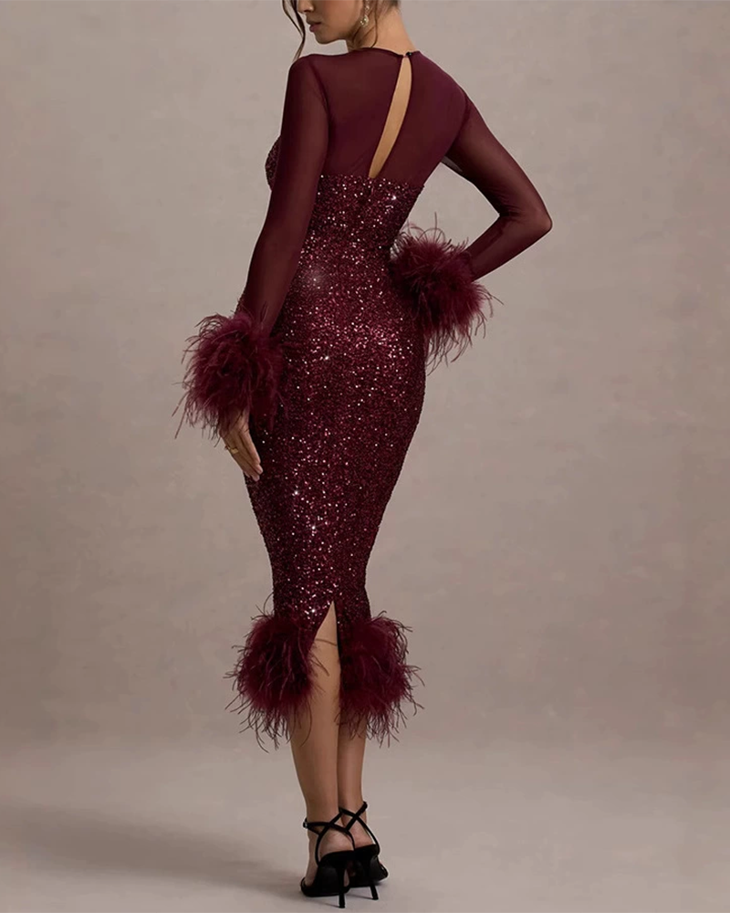 Women's Marta long sleeve feather cocktail dress - view 3