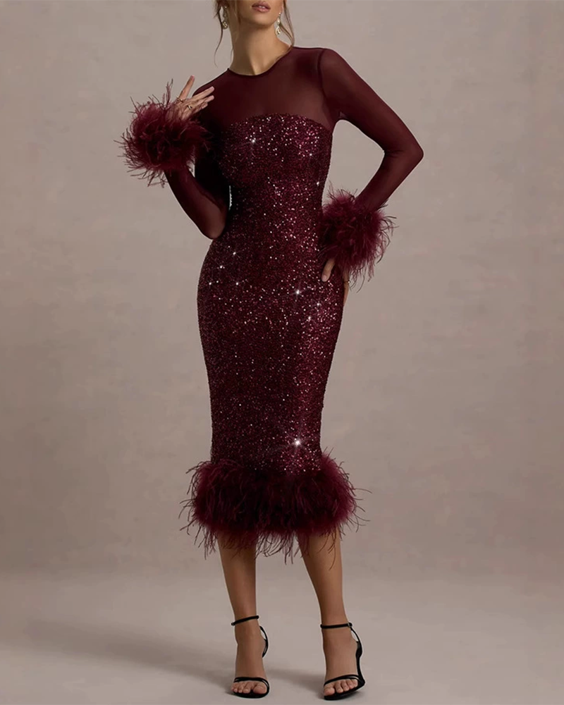 Women's Marta long sleeve feather cocktail dress - view 5