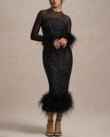Women's Marta long sleeve feather cocktail dress in Burgundy