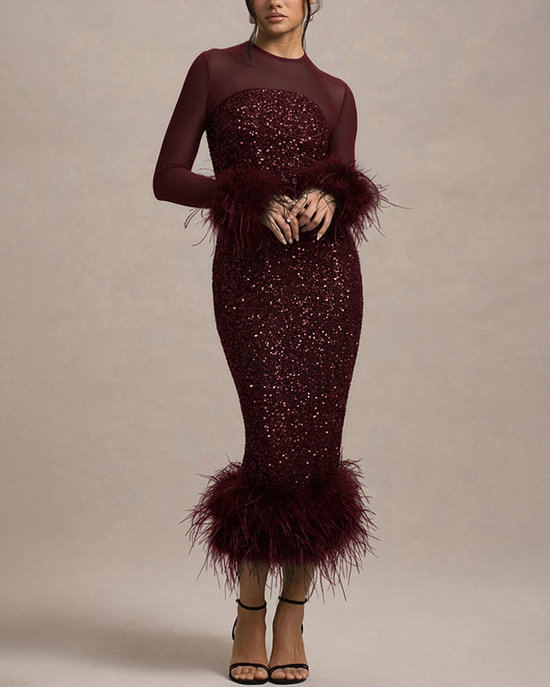 Women's Marta long sleeve feather cocktail dress in Burgundy