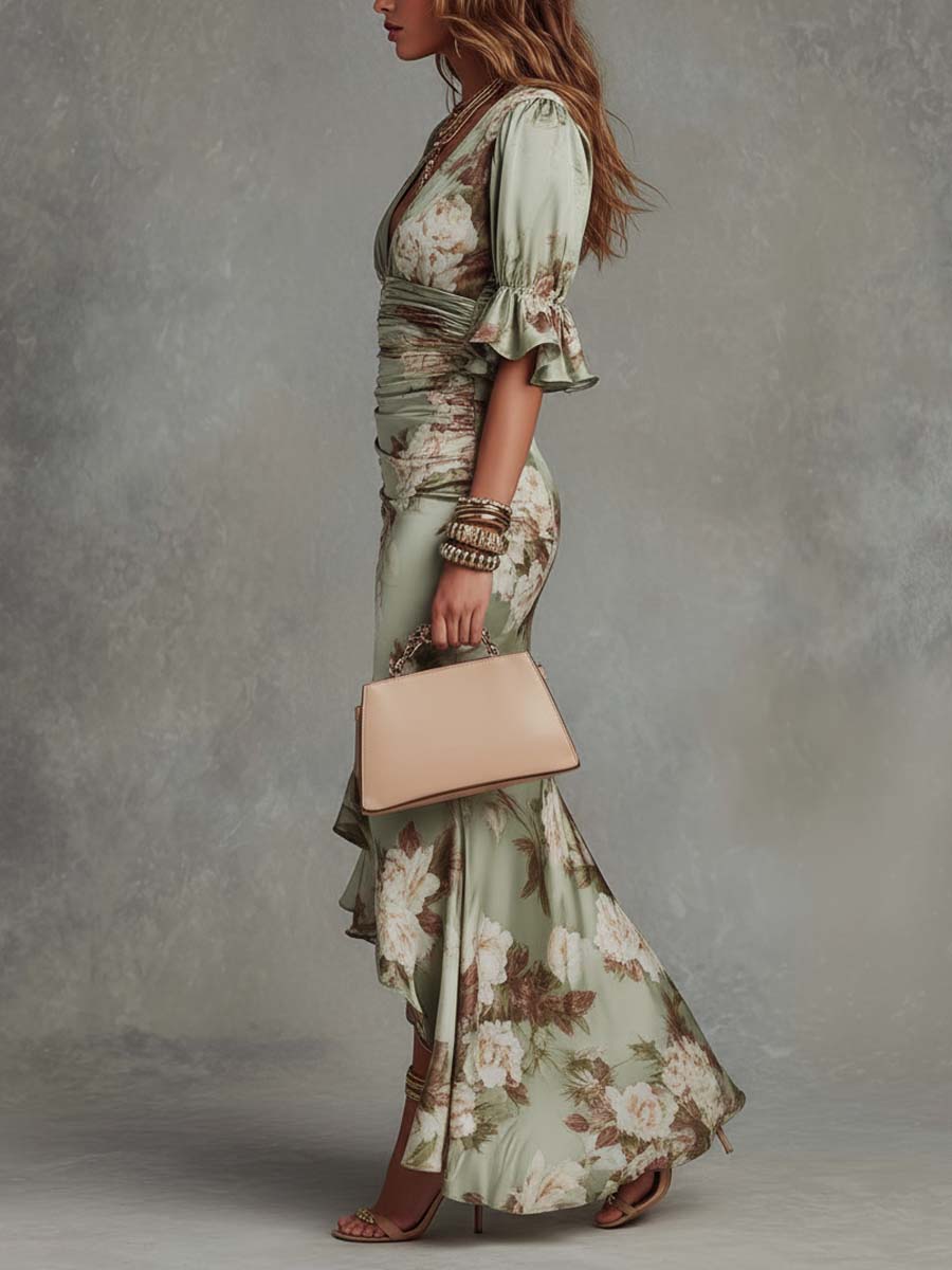 Thessaly | Green Floral Puff-Sleeve Maxi Dress