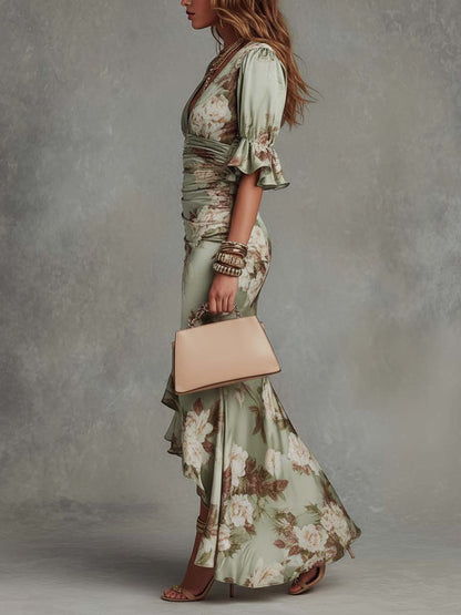 Thessaly | Green Floral Puff-Sleeve Maxi Dress
