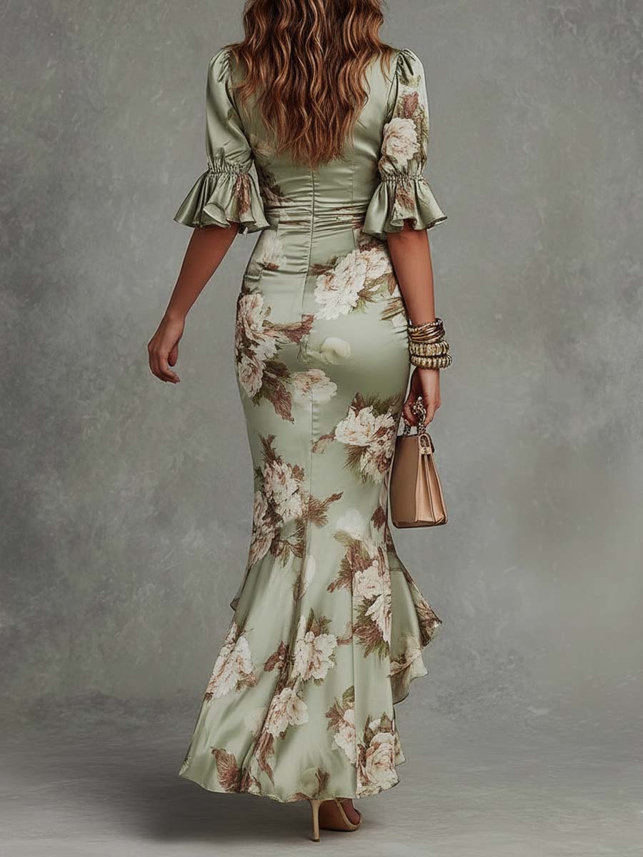 Thessaly | Green Floral Puff-Sleeve Maxi Dress