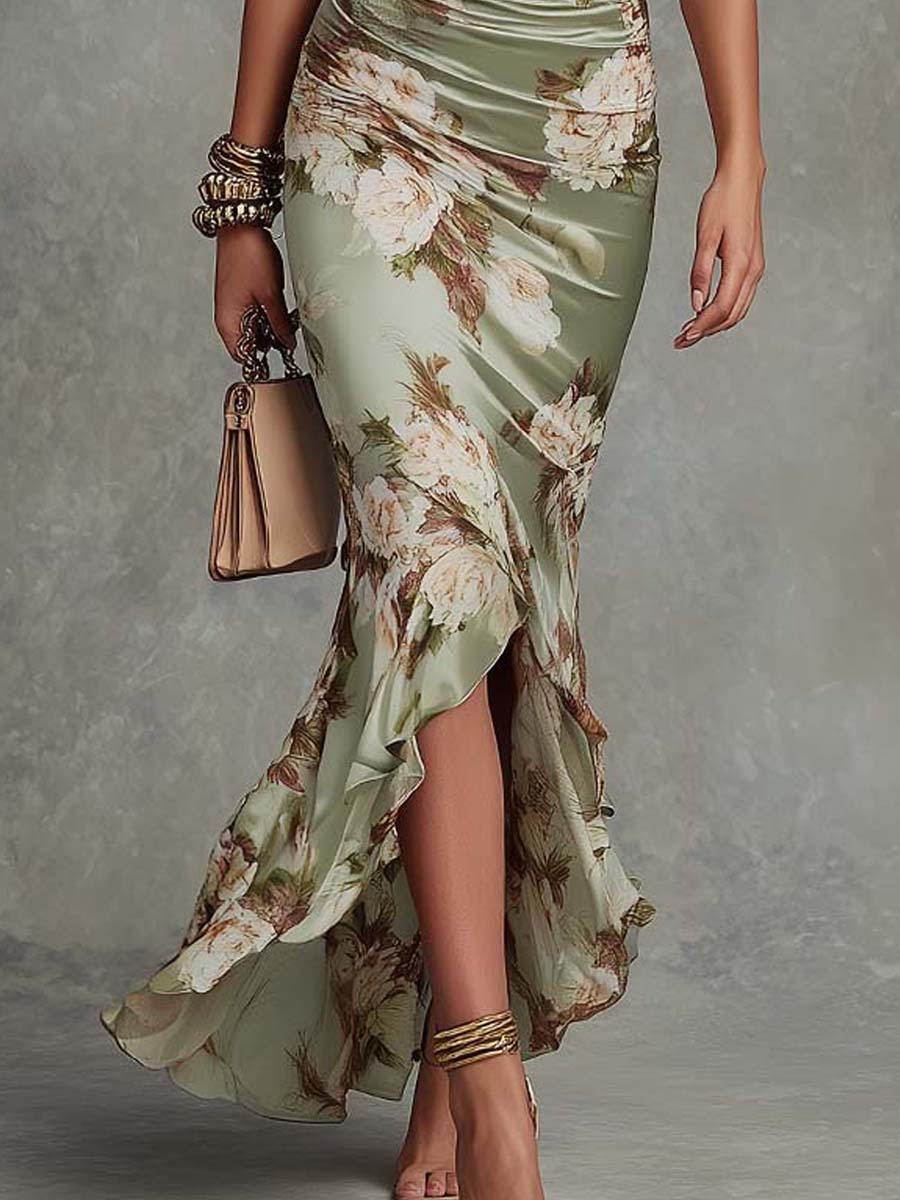 Thessaly | Green Floral Puff-Sleeve Maxi Dress