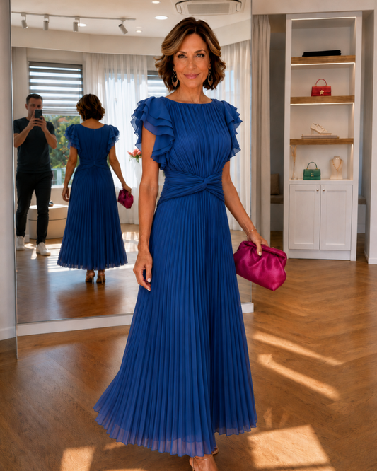 Delyth | Pleated Flutter-Sleeve Wedding Guest Maxi Dress