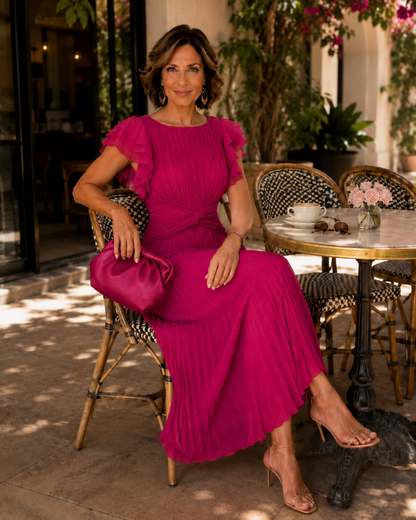 Delyth | Pleated Flutter-Sleeve Wedding Guest Maxi Dress