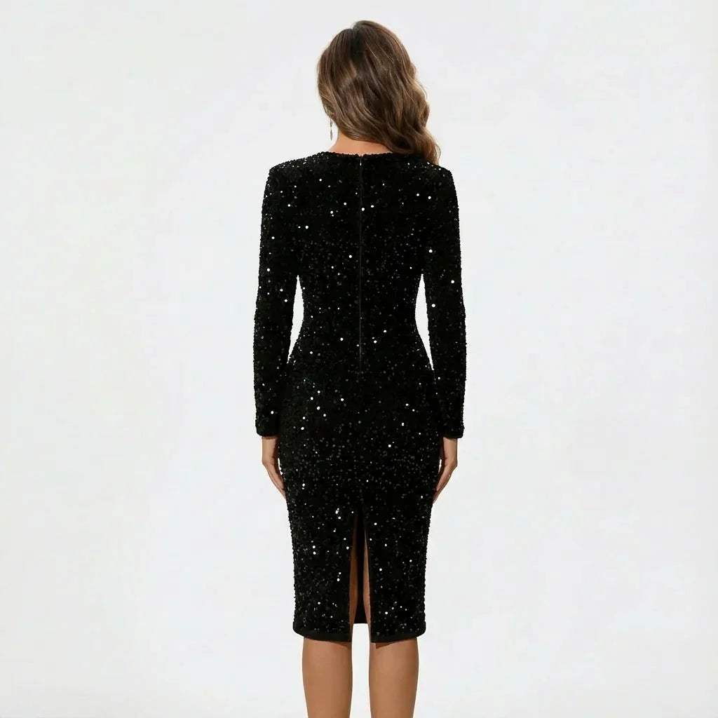 Long sleeve sequin midi dress, side view