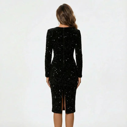 Long sleeve sequin midi dress, side view