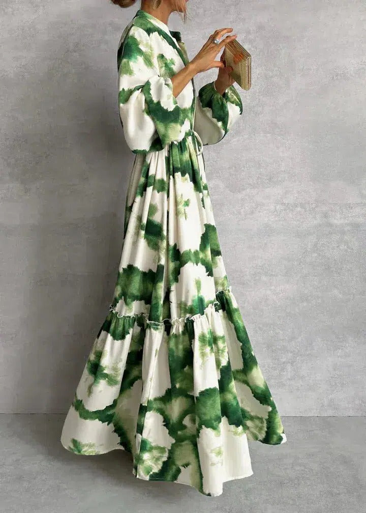 Linden | Long Sleeve Tiered Watercolour Maxi Dress
