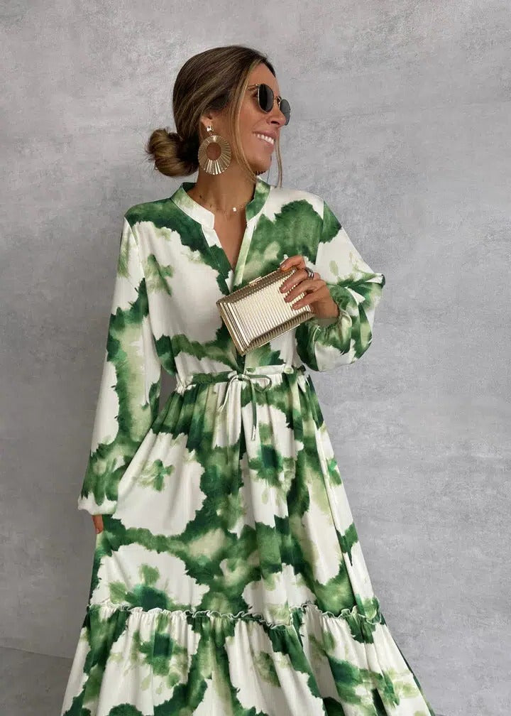 Linden | Long Sleeve Tiered Watercolour Maxi Dress