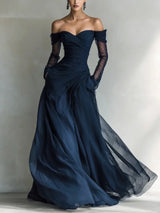 Olympia off-shoulder pleated maxi dress, front view