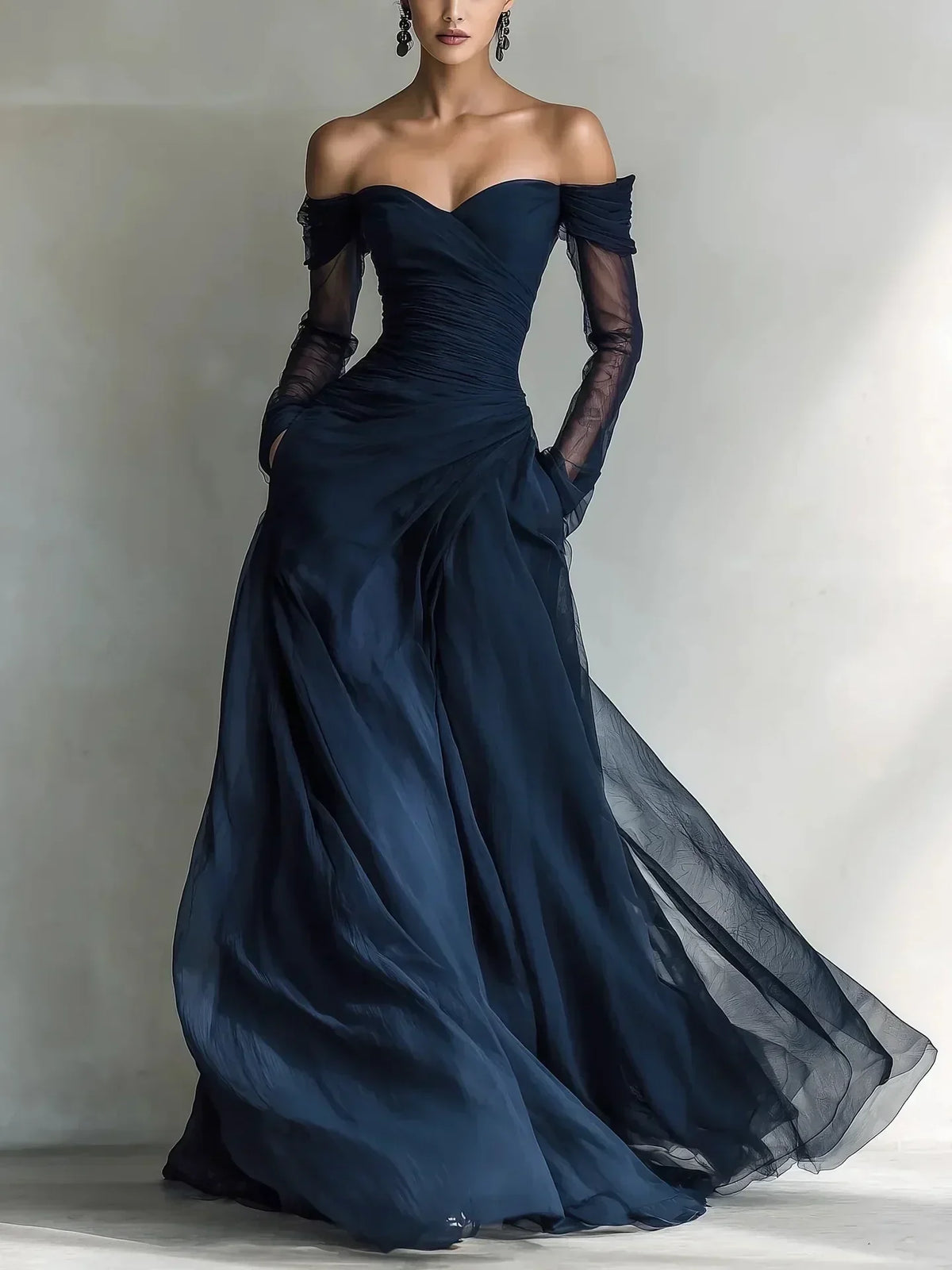 Olympia off-shoulder pleated maxi dress, front view