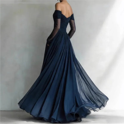 Off-shoulder pleated maxi dress, back view