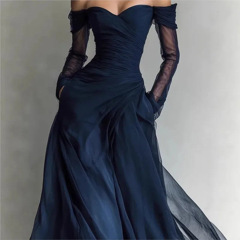 Off-shoulder pleated maxi dress, detail view