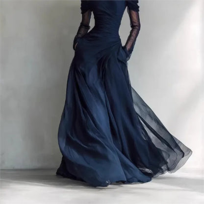 Off-shoulder pleated maxi dress, full length view