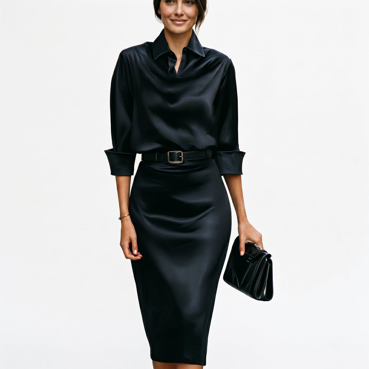 Women's Oona draped-collar wedding guest midi dress in Black